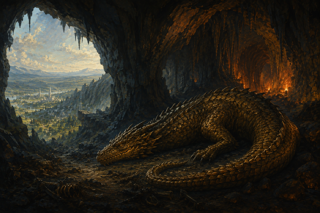 Glaurung growing in a dark chamber beneath Angband while Beleriand prospers during the Long Peace.