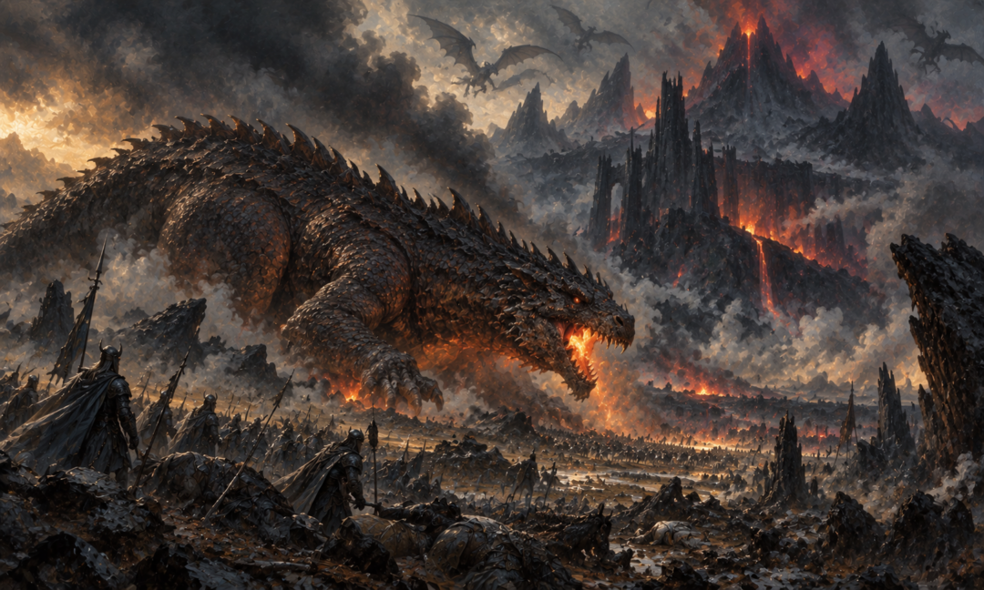 Glaurung the wingless dragon crossing a scorched First Age battlefield beneath Angband