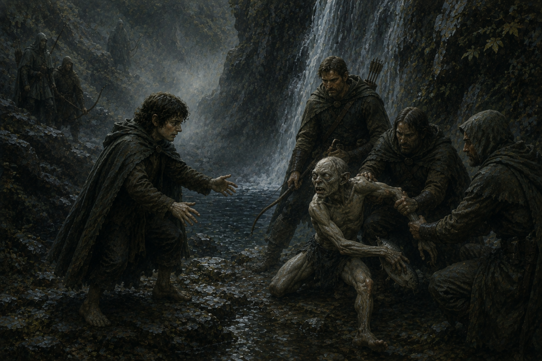 Rangers of Ithilien seize Gollum as Frodo watches the painful consequence of leading him away from the pool.