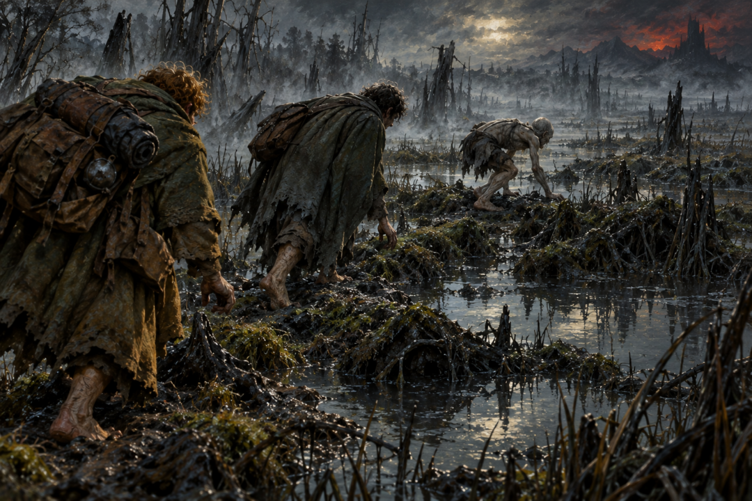 Gollum testing the uncertain ground as Frodo and Sam follow his route through the Dead Marshes