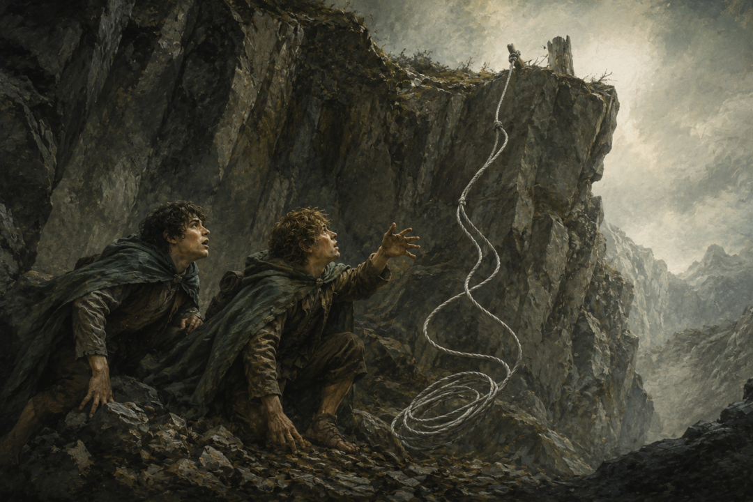 Gollum recoiling in pain from the grey Elven rope while Frodo and Sam watch in the rocky wilderness
