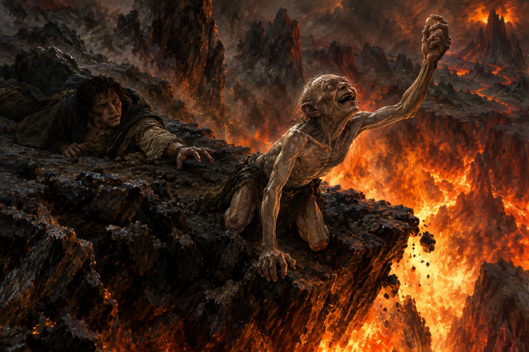 Gollum holds the recovered One Ring above the fires of the Cracks of Doom moments before his fall.