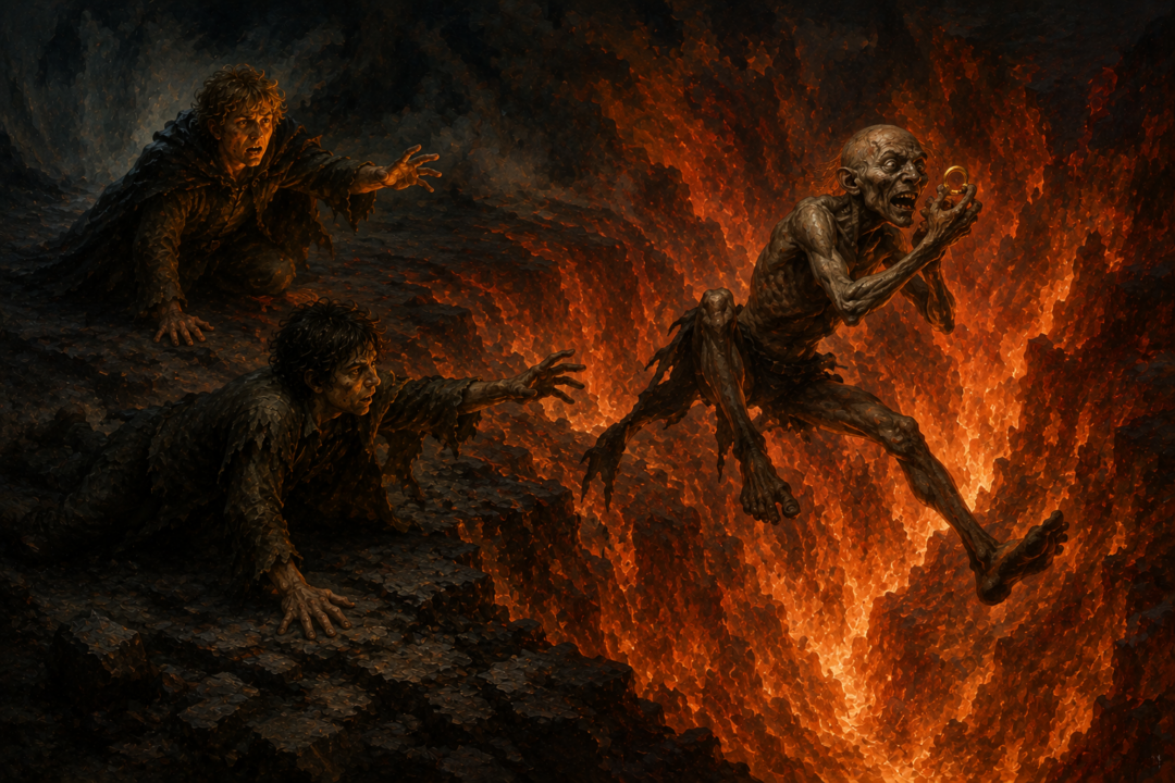 Gollum clutches the recovered One Ring at the edge of the Crack of Doom moments before falling into the fire.