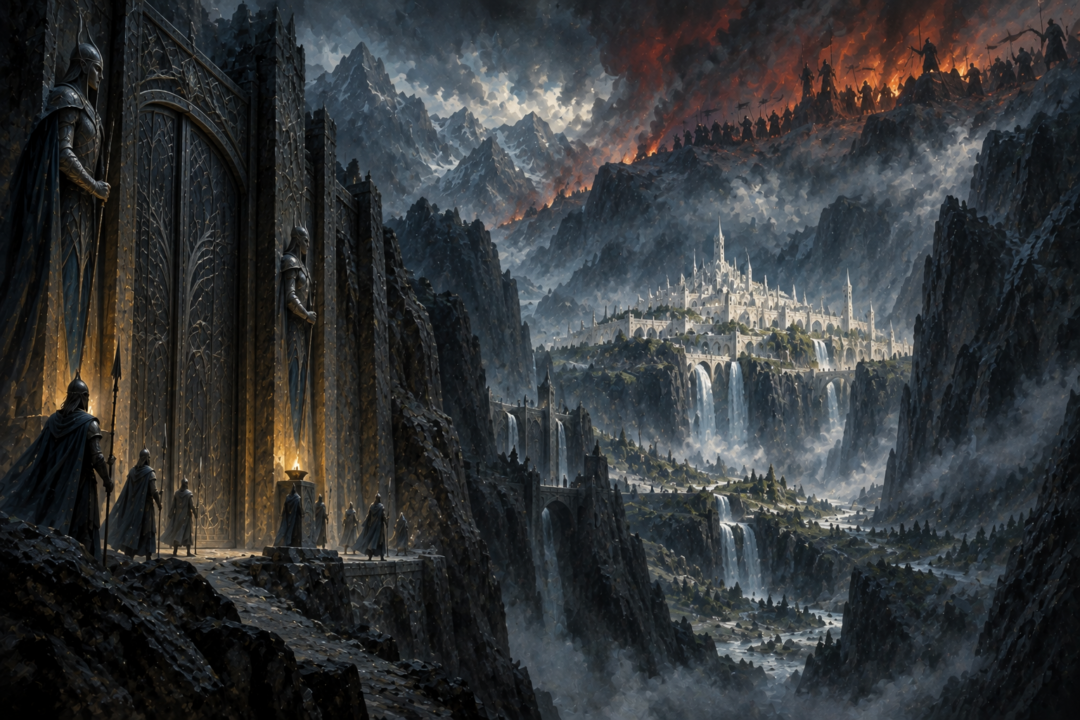 Gondolin's guarded mountain road contrasted with enemy forces approaching the hidden city from the heights