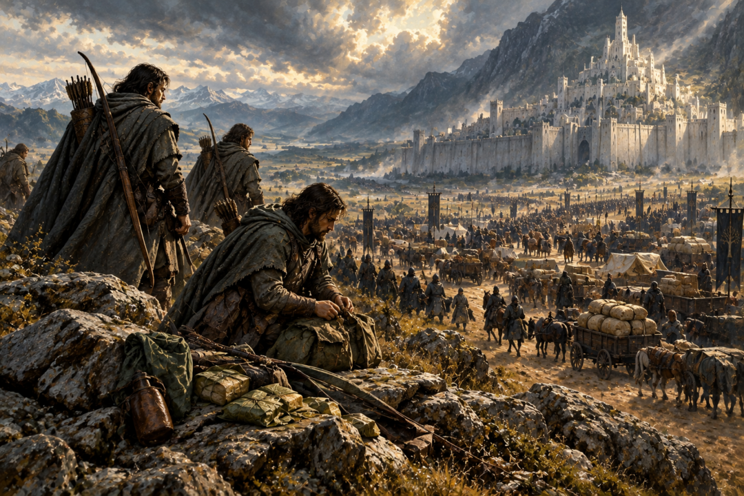Gondorian scouts with light provisions contrasted against the vast supply train required to provision an army near Minas Tirith.