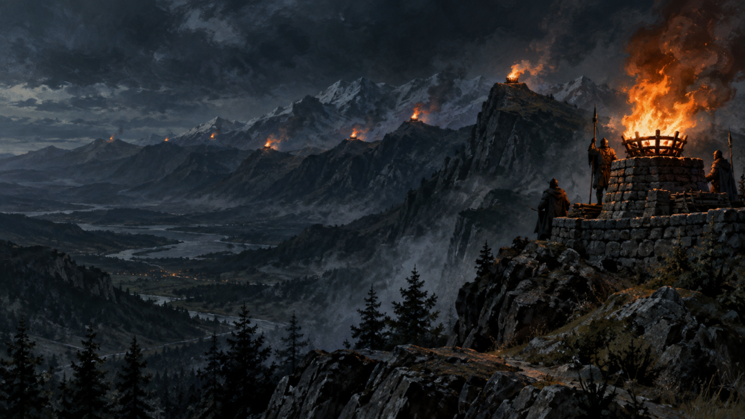 Gondor's warning beacons blazing across the foothills of the White Mountains toward Rohan.