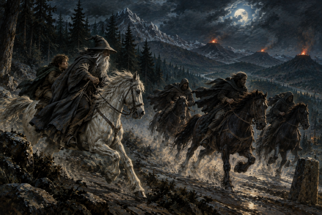 Gondor's mounted errand-riders pass Gandalf and Pippin on Shadowfax beneath the burning beacon hills