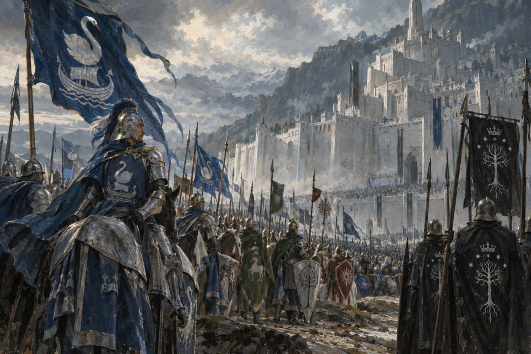 Forces of Gondor displaying distinct heraldry including Dol Amroth and the royal livery of the Citadel Guard