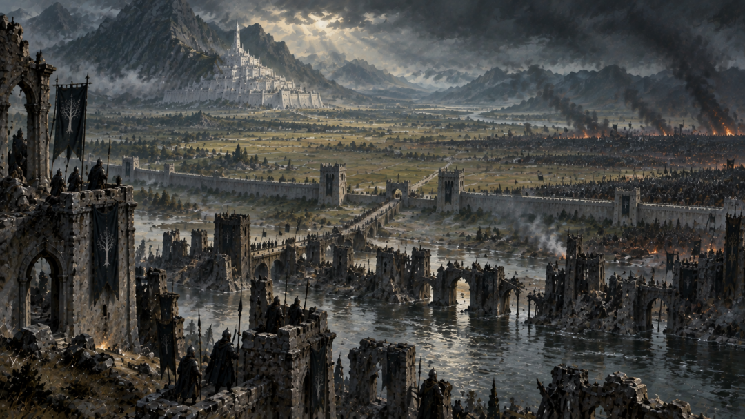 Osgiliath, the Rammas Echor, Pelennor Fields and Minas Tirith shown as successive layers in Gondor's eastern defence