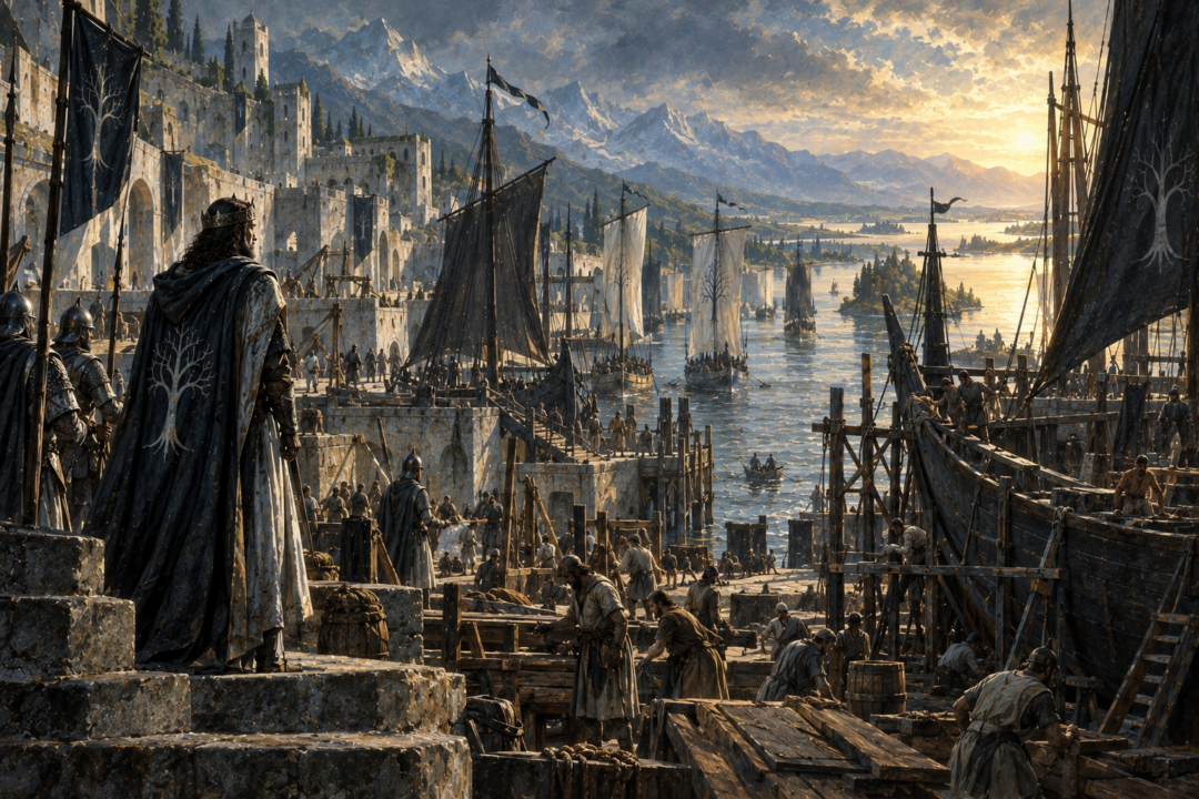 Interpretive scene of Pelargir supporting Gondor's renewed maritime strength under King Elessar in the Fourth Age