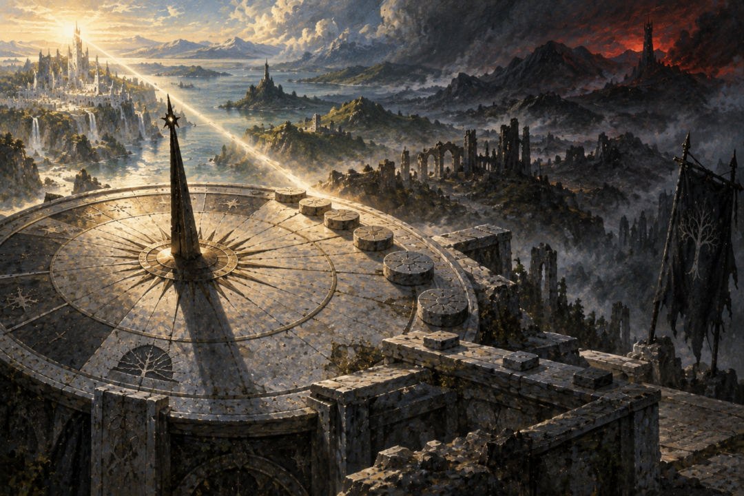 Weathered Númenórean-style timekeeping monument symbolizing Gondor preserving its calendar across thousands of years.