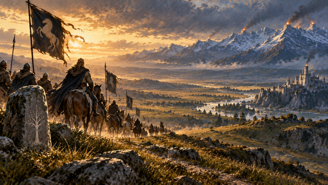 Riders, the White Mountains, and distant beacons symbolizing the centuries-long alliance between Rohan and Gondor.