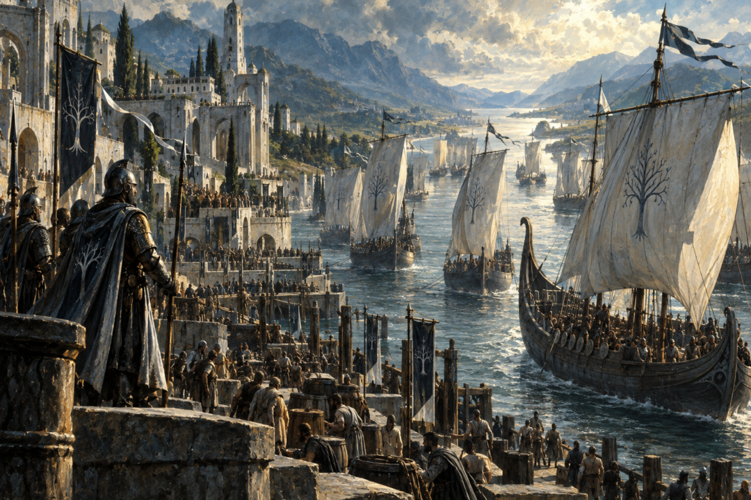 Gondor's fleet sailing from Pelargir during the powerful maritime age of the Ship-kings