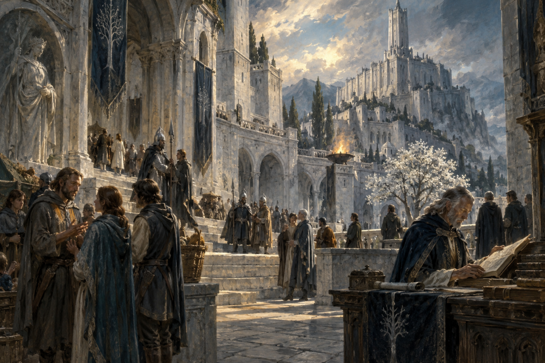 Gondorians in Minas Tirith representing everyday Westron speech and the preservation of ancient Elvish learning