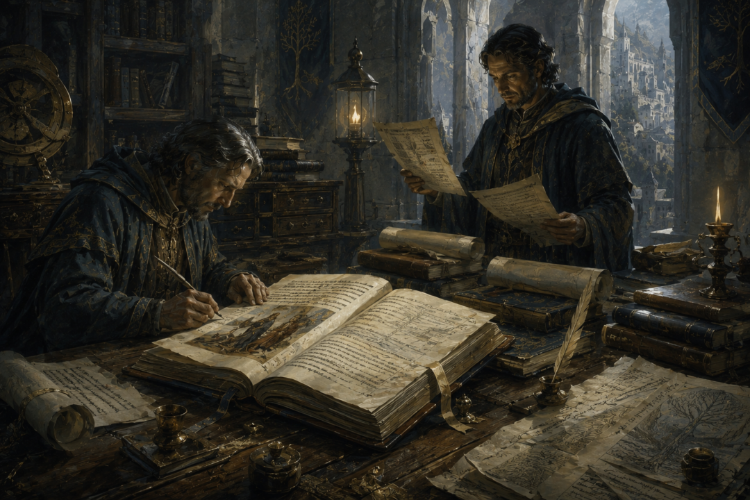 Gondorian scholars comparing records and correcting Elvish details in the Hobbit manuscript tradition.