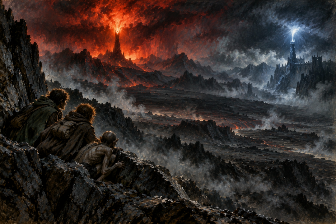 The red Great Signal from Mordor answered by lightning from Minas Morgul as Frodo, Sam, and Gollum watch.