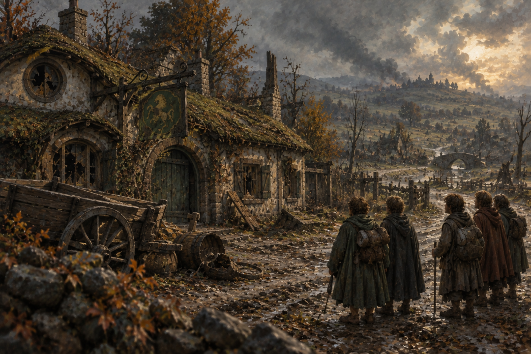 The returning hobbits find the Green Dragon shut and neglected during the Scouring of the Shire.