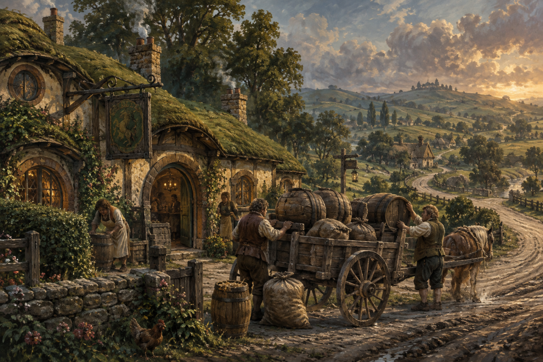 Hobbit workers unload barrels and sacks from a pony cart outside the Green Dragon inn in Bywater.