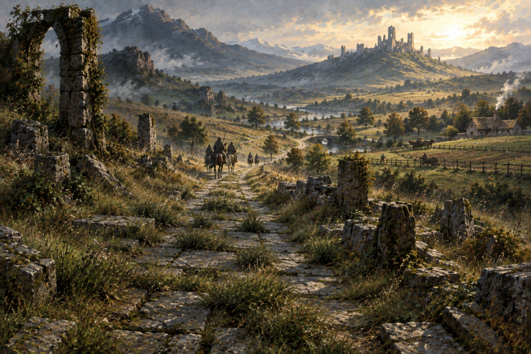 The ancient Greenway changing from wilderness into a travelled road bordered by new fields and settlements.