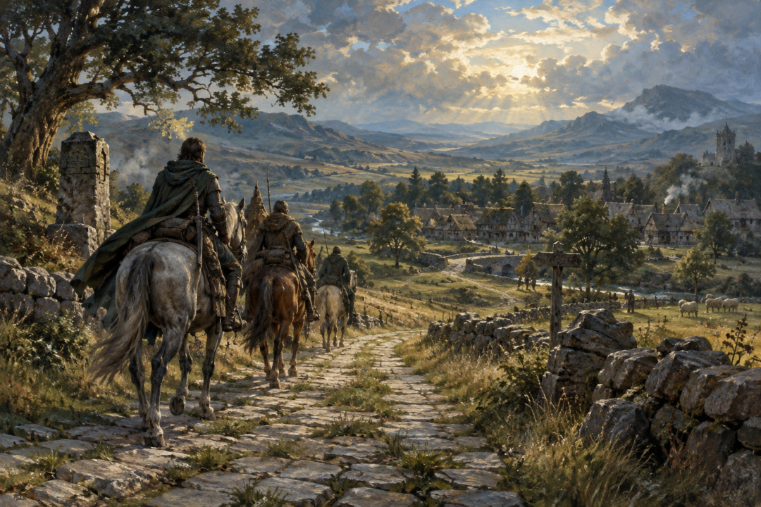 Royal messengers riding north along the reopened Greenway near Bree in the early Fourth Age.