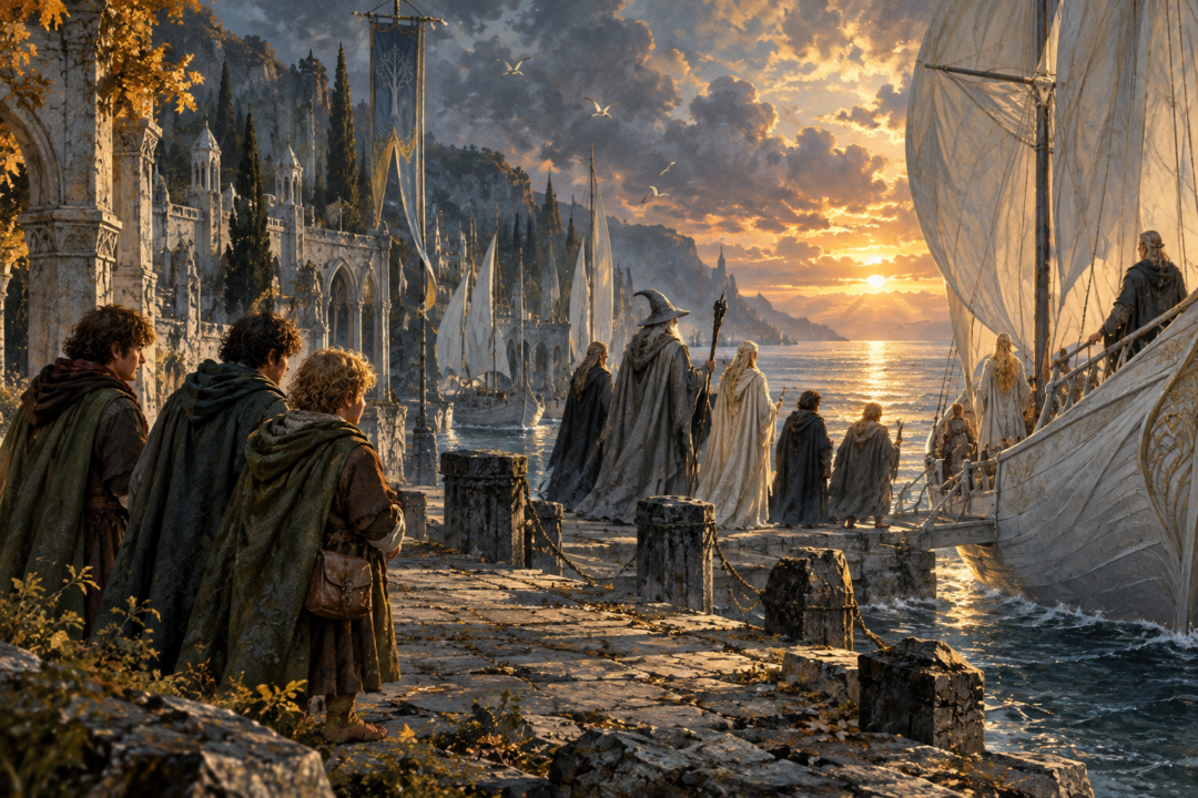 Frodo, Bilbo, Gandalf, Elrond and Galadriel preparing to depart from the Grey Havens as the Third Age ends.
