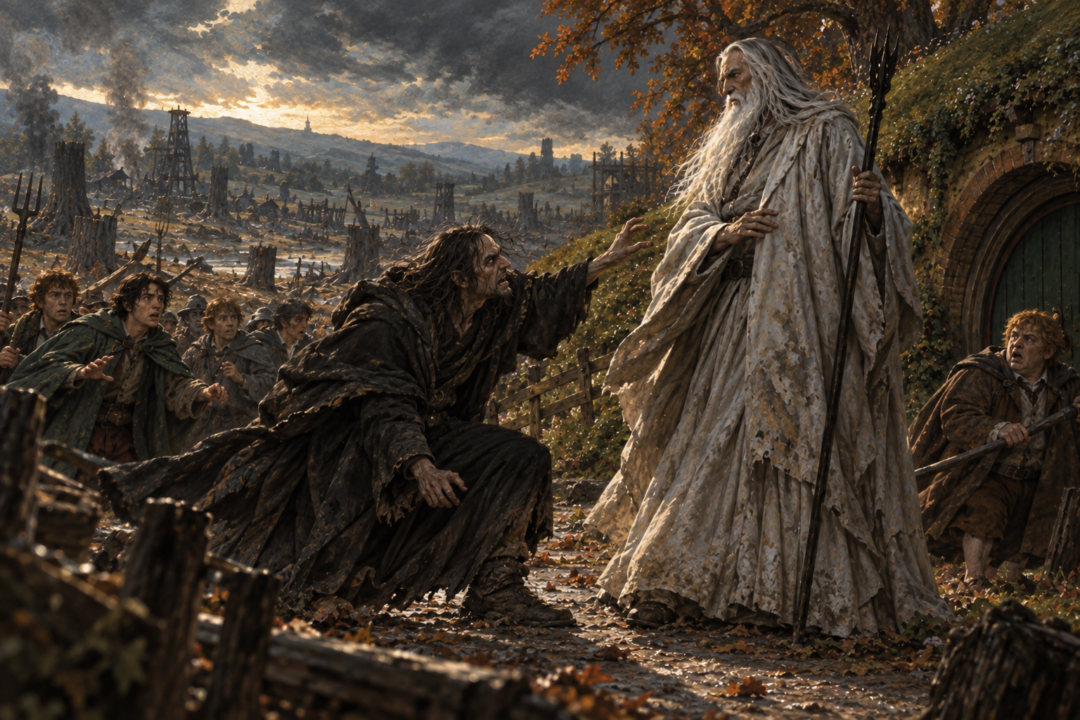 Gríma Wormtongue turns on Saruman outside Bag End after years of domination and humiliation.
