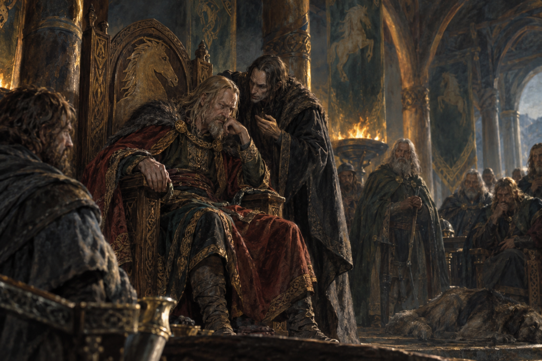 Gríma Wormtongue counselling the weakened King Théoden in Meduseld while secretly serving Saruman.