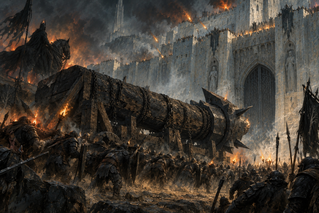 The massive battering ram Grond approaches the fortified Great Gate of Minas Tirith amid the armies of Mordor