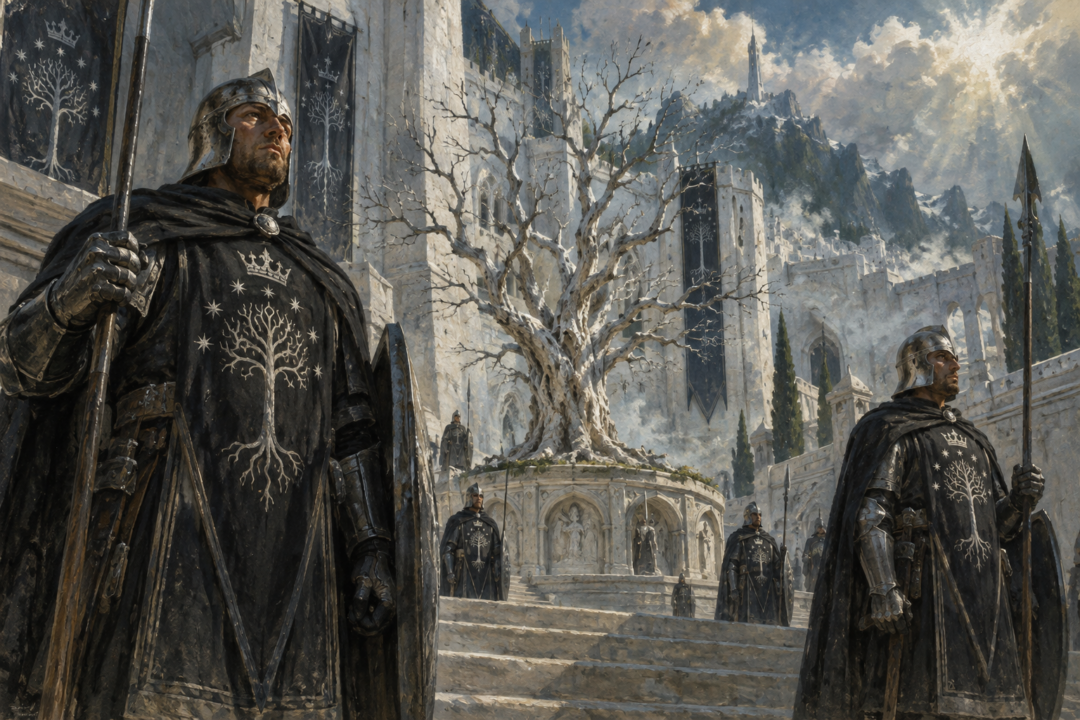 Guards of the Citadel wearing the White Tree and stars beside the dead White Tree of Minas Tirith