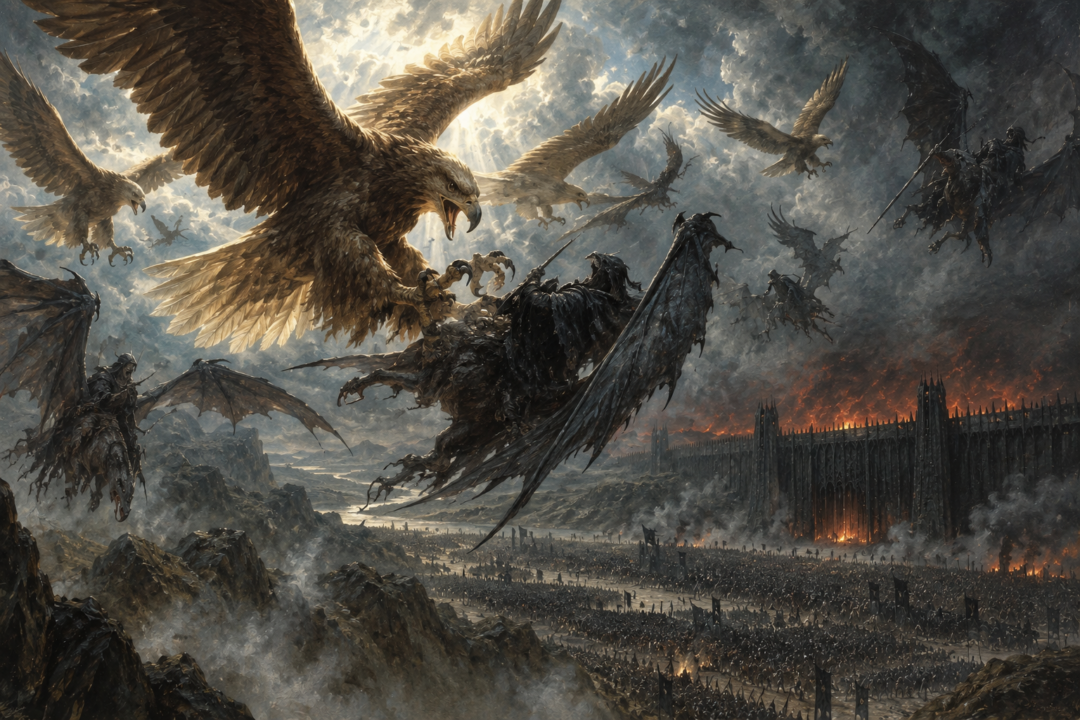 Gwaihir leads the Great Eagles toward the winged Nazgûl above the desperate Battle of the Morannon.