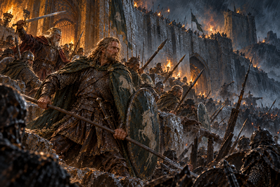 Háma fighting in defense of the Hornburg near the gates during the battle.