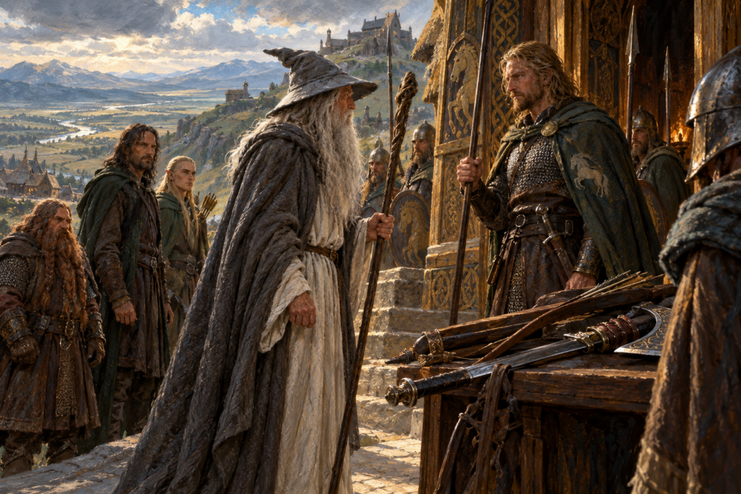 Háma deciding whether to allow Gandalf to carry his staff through the doors of Meduseld.
