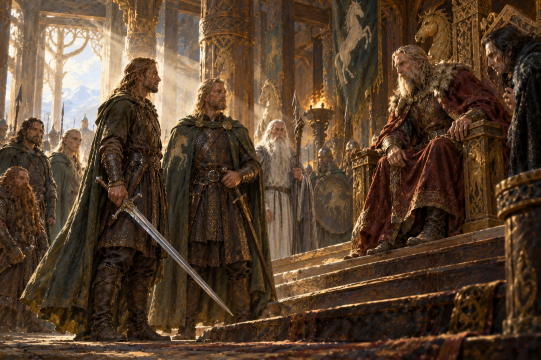 Háma presenting the newly freed Éomer with his sword Gúthwinë before King Théoden.