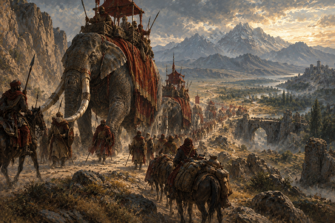 Haradrim warriors and handlers lead a gigantic Mûmak north along a distant road toward the War of the Ring.