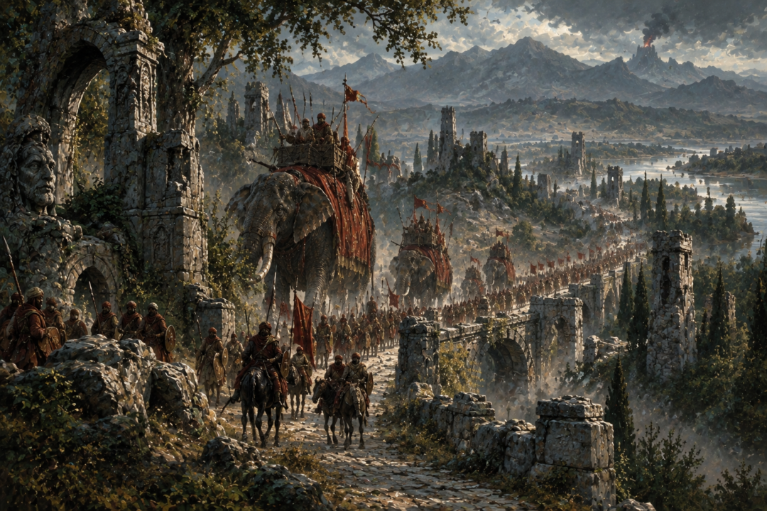 A Haradrim army with towering Mûmakil marches along the ancient road through Ithilien.