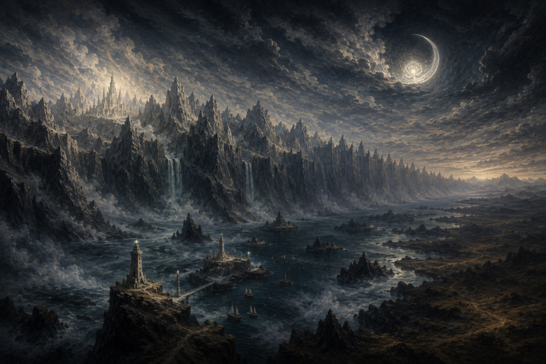 The Moon passes above the heightened Pelóri and shadowed seas during the Hiding of Valinor.