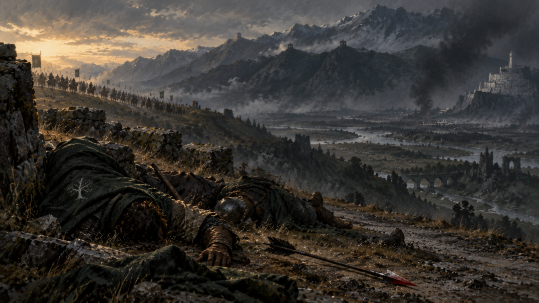 Fallen Gondorian messengers lie beside the road while the Rohirrim ride toward distant Minas Tirith.