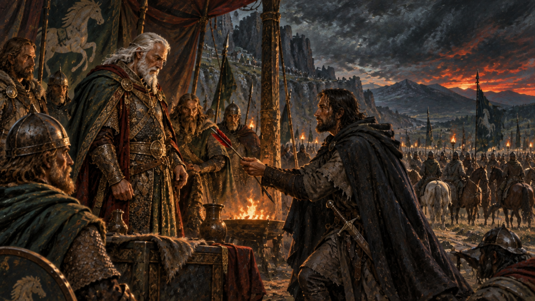 Hirgon presents Gondor's Red Arrow to Théoden as the Rohirrim prepare urgently for the ride east.