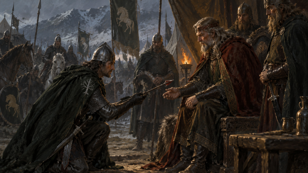 Hirgon of Gondor presents the Red Arrow and Denethor's summons to King Théoden of Rohan.