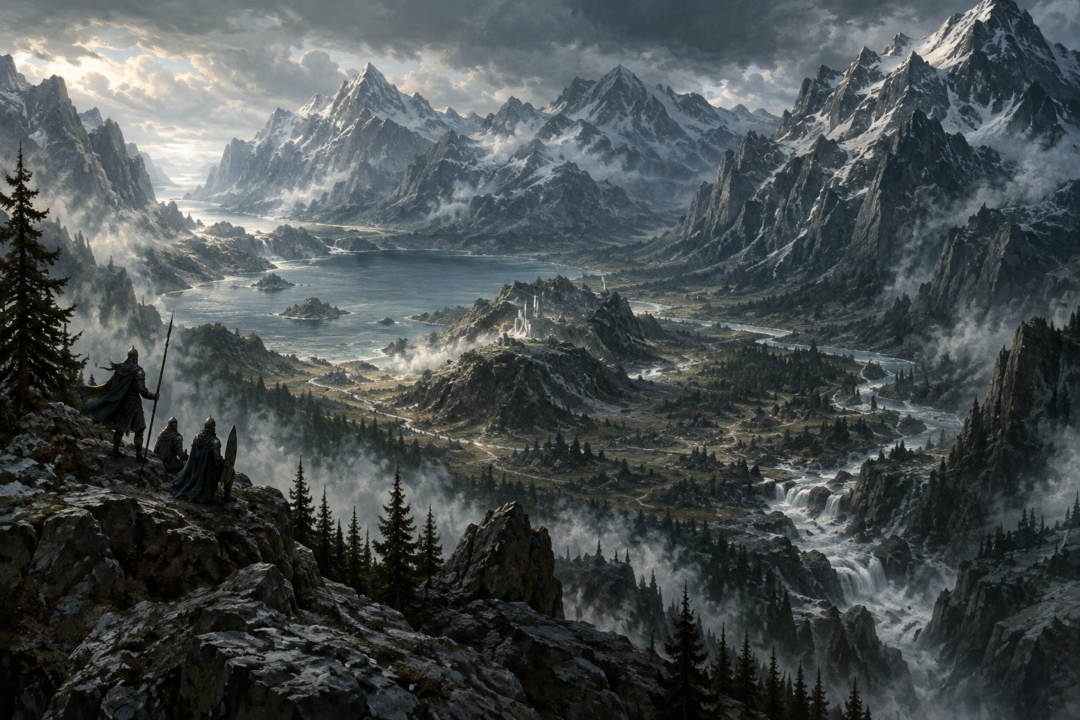 Mist-filled Hithlum enclosed by the Ered Wethrin and Ered Lómin in the First Age