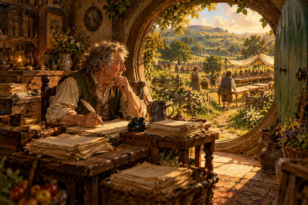 A Hobbit chronicler working at a desk while preparations for a midsummer festival take place outside.