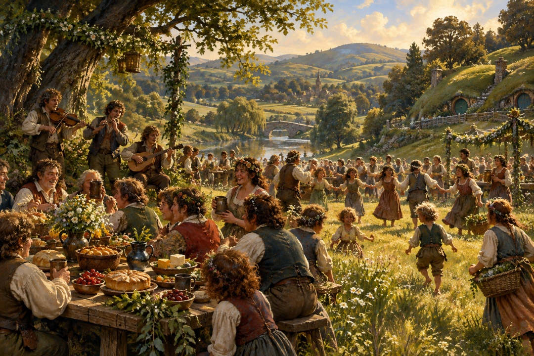 Hobbits celebrating the Overlithe midsummer holiday with a feast in the green fields of the Shire.