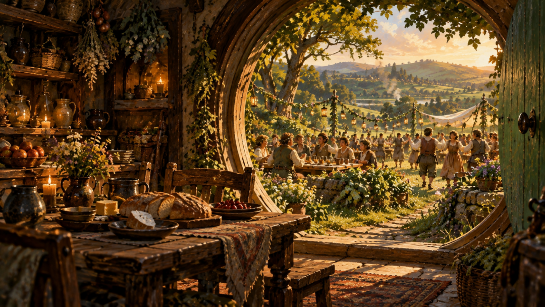 A Hobbit home opening onto a bright midsummer feast, symbolizing Overlithe as an interruption of ordinary Shire routine.