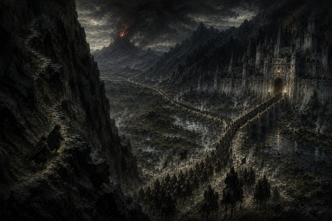 Frodo and Sam climb toward Cirith Ungol high above Sauron's vast army marching west from Minas Morgul.