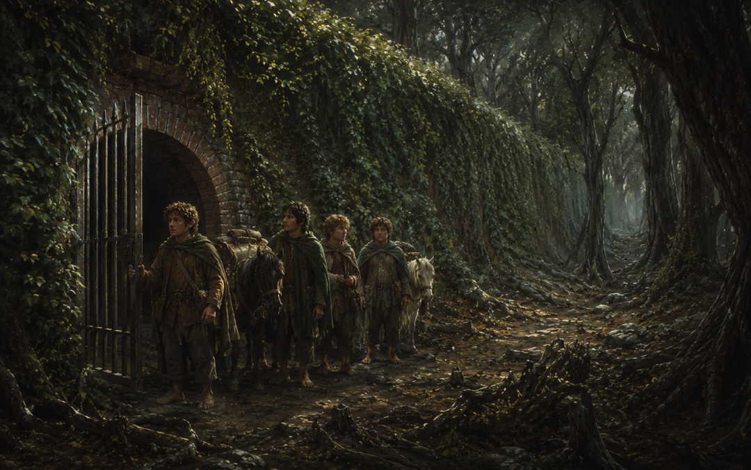 Merry and his companions passing through the iron gate beneath the High Hay into the Old Forest.