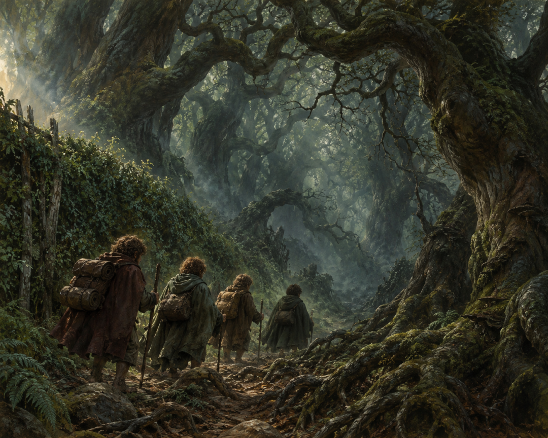 Four hobbit travellers enter the ancient Old Forest as immense trees lean around their path.
