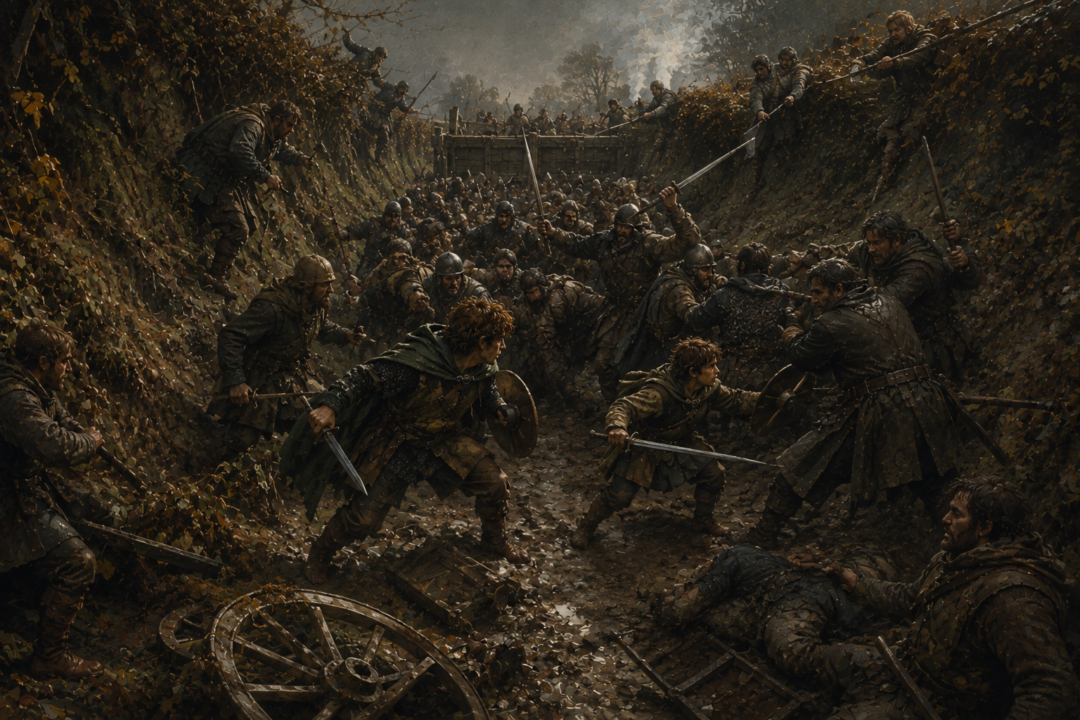 Hobbits fight Sharkey’s larger ruffians inside the steeply banked and hedged road during the Battle of Bywater.