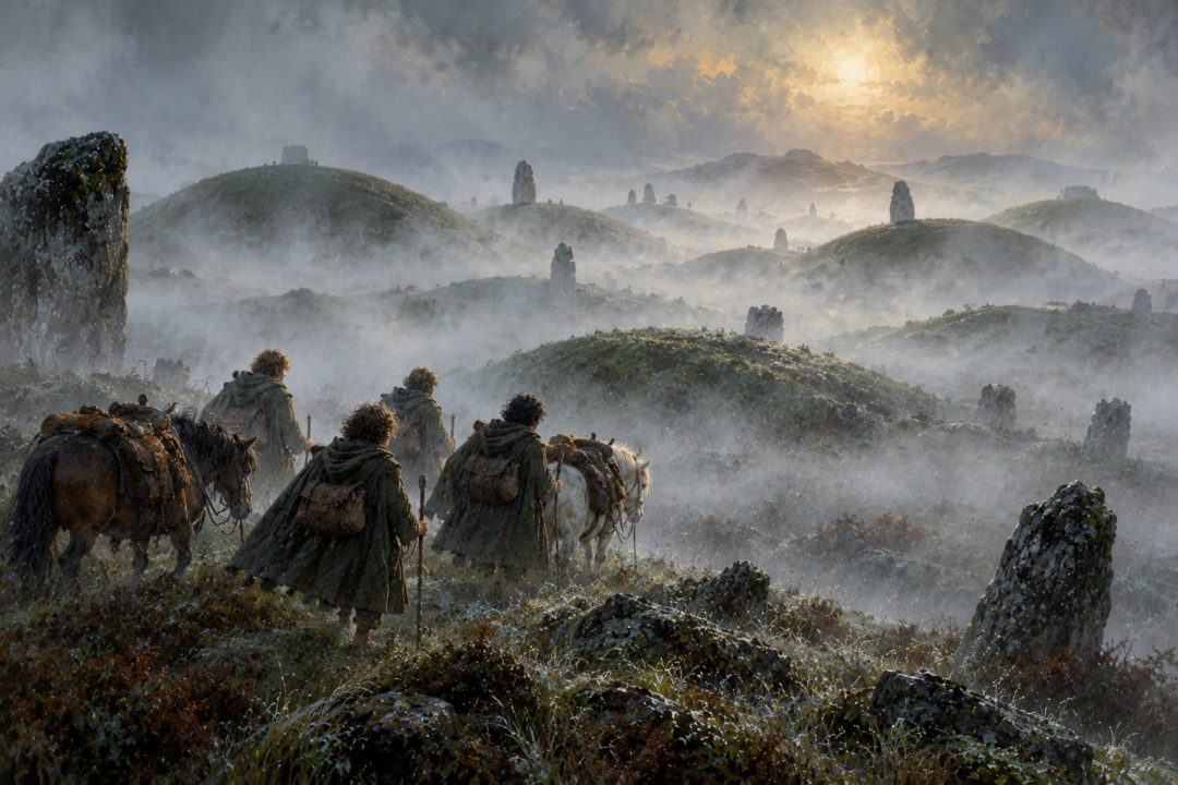 Four hobbits lost among the ancient burial mounds of the Barrow-downs as thick mist hides their path