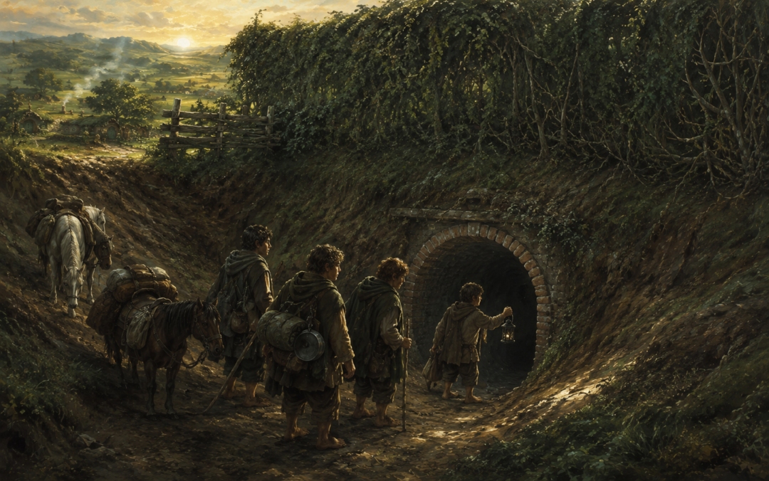 Frodo, Sam, Merry and Pippin approaching the secret tunnel beneath the High Hay near Crickhollow.