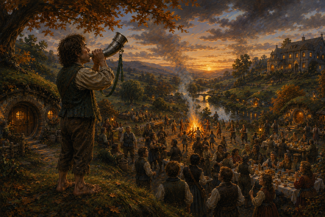 The Horn of the Mark is sounded at sunset in Buckland during the annual November 2 commemoration of the Shire's liberation.